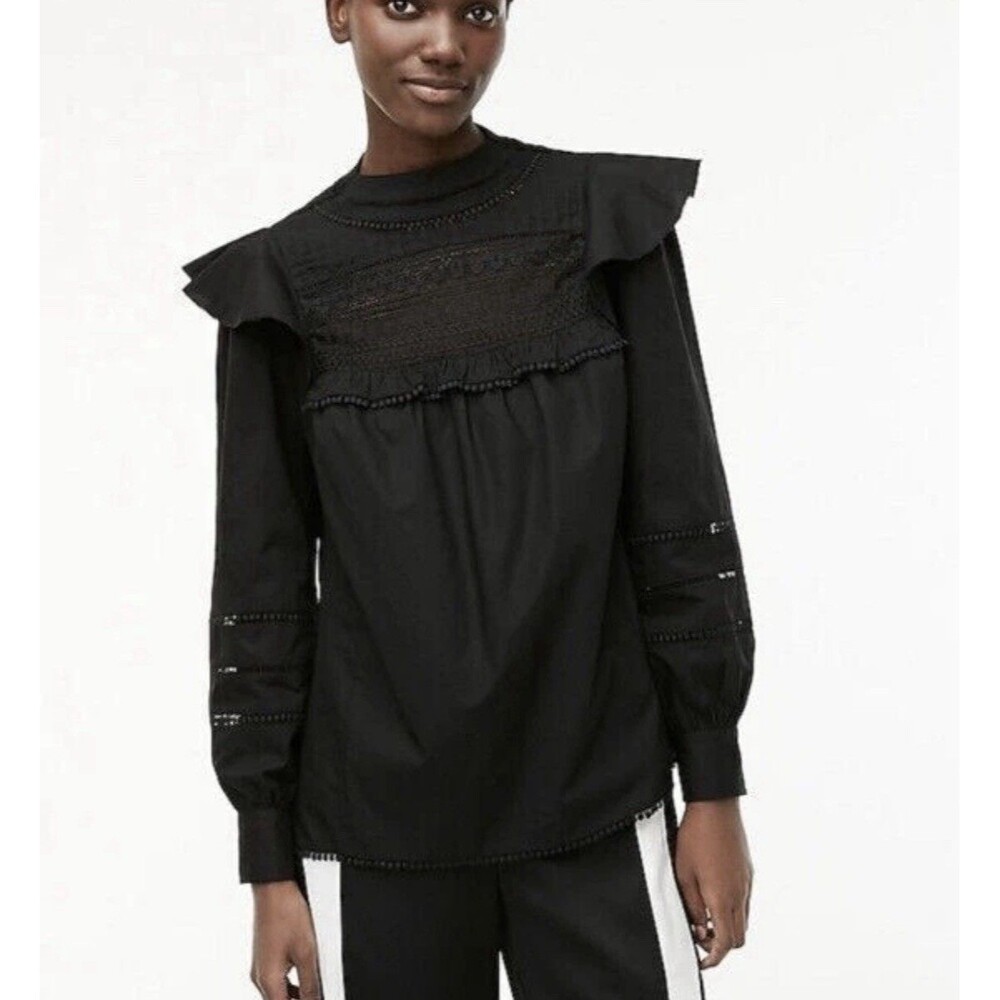 J Crew Black Crochet Embroidered Ruffle Long Sleeve Boho Whimsygoth Blouse M